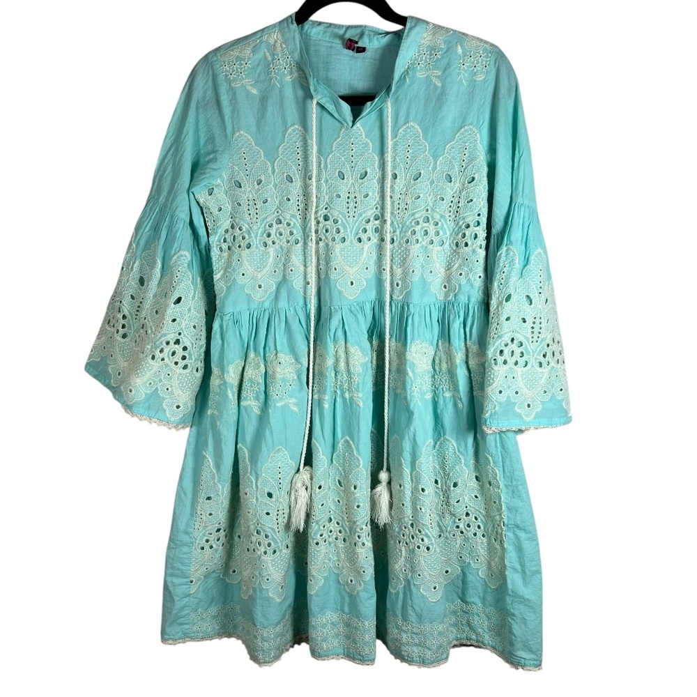 Ishin Women's Cotton‎ Sea Green Schiffli Embroidered A-Line Dress Size Medium